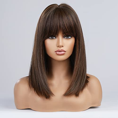 שיער ארוך כהה חום בוב פאות עבור נשים, בינוני אורך פאות עם פוני חום עם ערמוני להדגיש פאות שיער טבעי תערובת