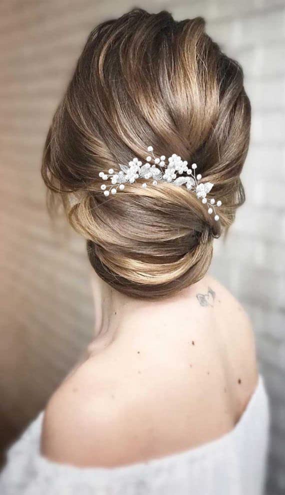 3 חתיכות כסף שיער סיכות לנשים חתונה, שושבינה, פרח ילדה, בצורת כלה פרח ריינסטון פרל שיער סיכות שיער גפן