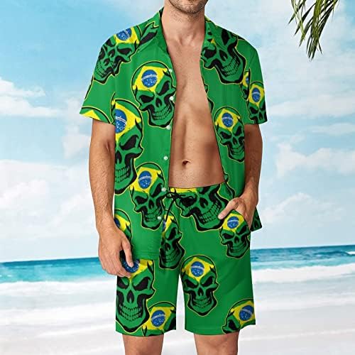 גולגולת ברזיל גולגולת גולגולת תלבושות חוף של חוף הים כפתור הוואי למטה חולצה עם שרוול קצר וחליפות מכנסיים