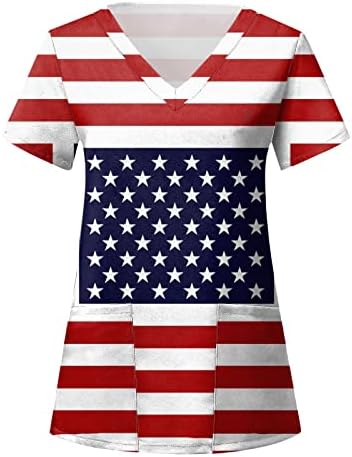 4 ביולי חולצות לנשים דגל ארה ב קיץ שרוול קצר עם 2 כיסים חולצות בגדי עבודה מזדמנים לחג