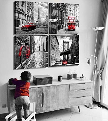 אמנות קיר בשחור לבן לסלון אדום פריז תפאורה לחדר שינה נוף עירוני תמונות בד אמבטיה תפאורה יצירות אמנות