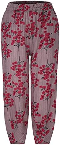 מכנסי קאפרי לנשים, פשתן כותנה אלסיטן מותניים רחבות רגליים רופפות כושר יוגה קפריס מכנסיים פרחים פרחוניים