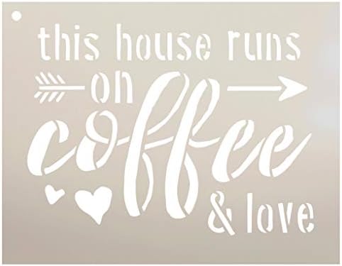הבית הזה פועל על סטנסיל קפה ואהבה עם חץ ולבבות מאת סטודיו12 / תבנית מיילר לשימוש חוזר / השתמש לצביעת