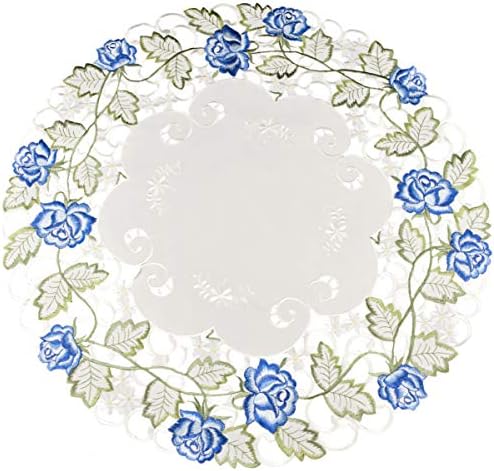 ורד כחול ויקטוריאני רקום עם עבודות חתוכות ירוקות על שנהב, מרכז שולחן קטן