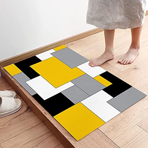 שטיח דלת לעיצוב חדר שינה, צהוב אפור שחור מופשט צבע בלוק רצפת מחצלות, חג שטיחים לסלון, סופג החלקה אמבטיה