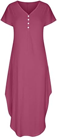 שמלות מקסי של קיץ LMDUDAN לנשים שמלות כיס צבע אחותי אופנה שרוול קצר שרוול V כפתור צוואר חוף שמלות ארוכות