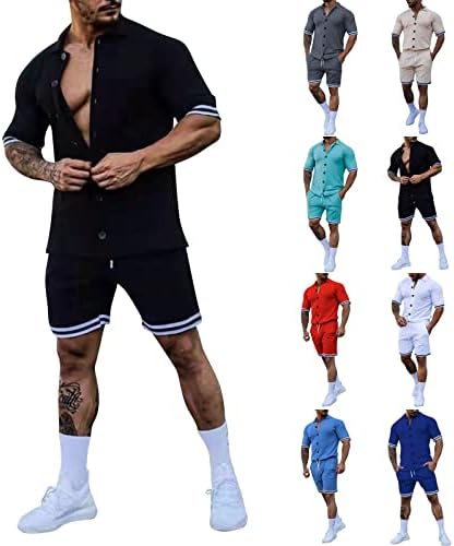 גברים קצרים תלבושות תלבושות 2 חלקים של אימוני קיץ אופנה כפתור סט מזדמן כפתור למטה וחולצה קצרה 2023 בגדי