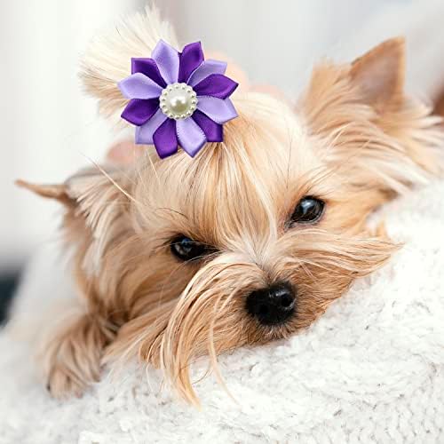 Sinling 60 יח 'קשתות שיער כלבים עם עלי כותרת צבעוניים מחמד נשי מחמד טופקנוט ילדה קטנה כלב יורקי כלבי