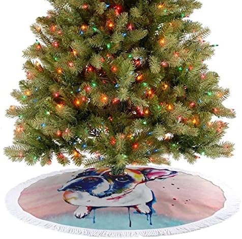 חצאית עץ חג המולד של בולדוג בצרפתית עם גדילים חג המולד של מחצלת חג חג המולד הדפסת קישוט