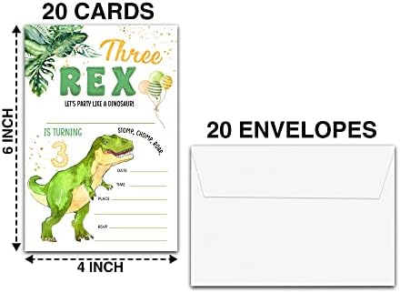 לבנות שלוש הזמנות למסיבת יום הולדת של רקס עם מעטפות, 4 איקס 6 נושא דינוזאור כרטיסי הזמנה ליום הולדת