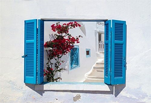 פוליאסטר 7 * 5 רגל יוון תריסים כחולים תפאורות תפאורות ים תיכוניות תפאורה סנטוריני צילום יוון אי בוגנוויליה