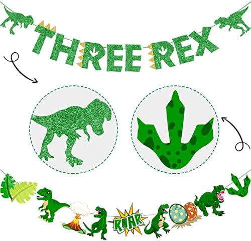 דינוזאור 3 יום הולדת קישוטים, 3 רקס יום הולדת ספקי צד - שלושה רקס באנר, עוגה & מגבר; עוגות, בלונים דינוזאור,קעקועים