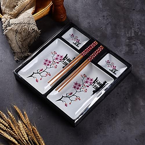 סגנון סושי חרסינה בסגנון יפני מערך פלטת סושי חרסינה עם צלחות 2xsushi, מנות טבילה, מעמד מקל, קופסת מקלות