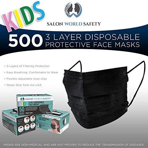 סלון עולמי עולם בטיחות ילדים מסכות-שחור-3 שכבה חד פעמי מגן ילדים של פנים מסכות - מתכוונן האף קליפ ואוזן