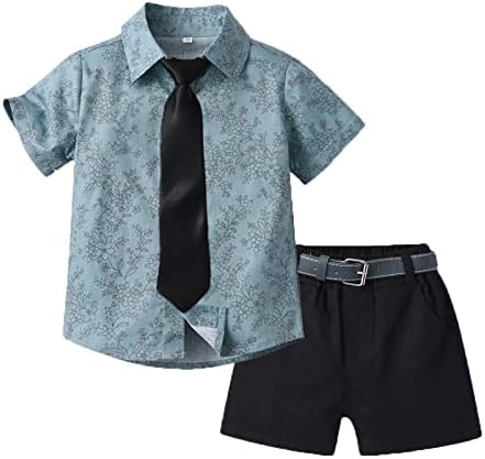 בנים קטנים שרוול קצר חולצה חולצה מכנסיים קצרים עם חגורת עניבה ילדים ילדים ג'נטלמן תלבושות קיץ חמוד תלבושות