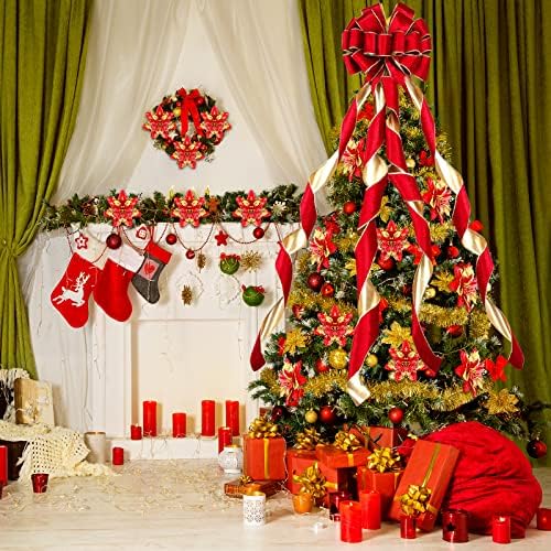 צלילה x 13 '' אדום עץ חג המולד גדול טופר אדום קשת קטיפה גדולה עם זרמים ארוכים קישוטי עץ חג המולד עם