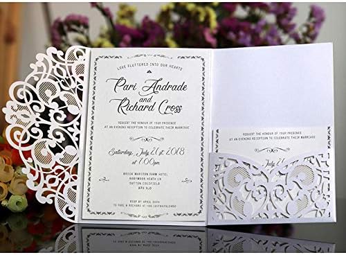 10 ערכת כרטיסי הזמנות לחתונה של 10, Hanhan 3 קפלים 5x7 '' חתוך לייזר חתוך פלורה כרטיסי הזמנה לכיסוי