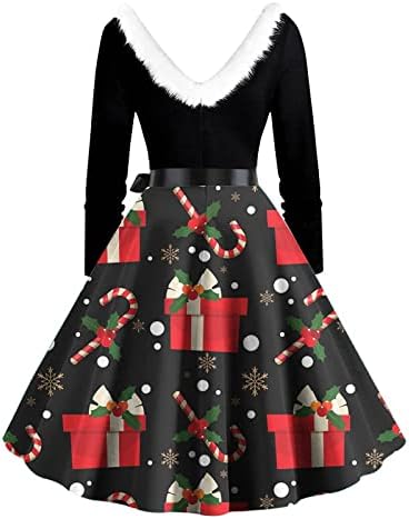 נשים חג המולד שמלות שלג מודפס חג בציר פאזי צווארון שמלה ארוך שרוול קוקטייל פורמליות נדנדה שמלה