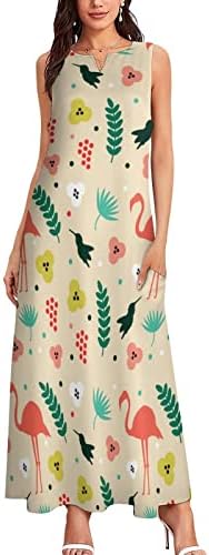 פלמינגו ציפור ופרח נשים של מקסי קרסול שמלה ארוך שרוולים שמלה עם כיסים