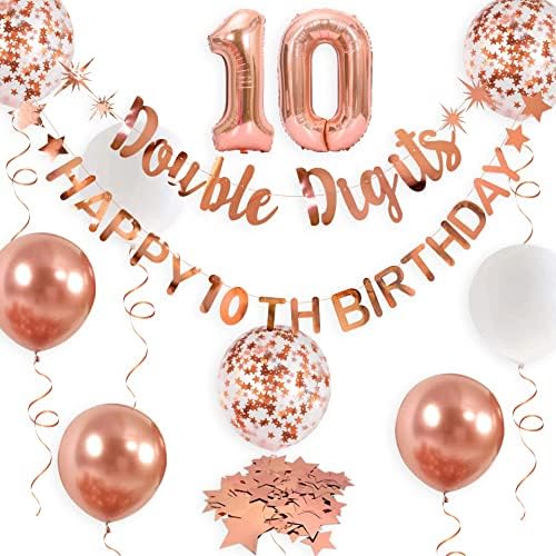 עלה זהב כפול ספרות שמח 10 יום הולדת באנר זר רדיד בלון 10 עבור בנות בני 10 יום הולדת קישוטי תליית 10