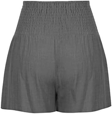 מכנסיים קצרים במותניים בקיץ נשים, נשים בצבע אחיד פשתן כותנה מזדמן מכנסיים קצרים מכנסיים נוחים אלסטיים