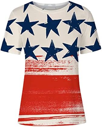 חולצות אדומות לבנות וכחולות לנשים 4 ביולי צמרות שרוול קצר צוואר צווארון עצמאות אמריקאית יום פטריוטי