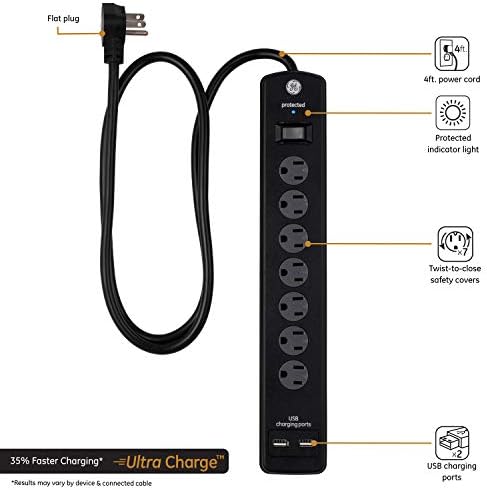 GE Ultrapro 7-Outlet Surge Protector, 2 יציאות USB, כבל חשמל 4 רגל, 1500 ג'ולס, 40482 & GE 6-Outlet