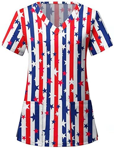 4 ביולי חולצת טי לנשים דגל ארה ב קיץ שרוול קצר חולצת צווארון עם 2 כיסים חולצות בגדי עבודה מזדמנים לחג