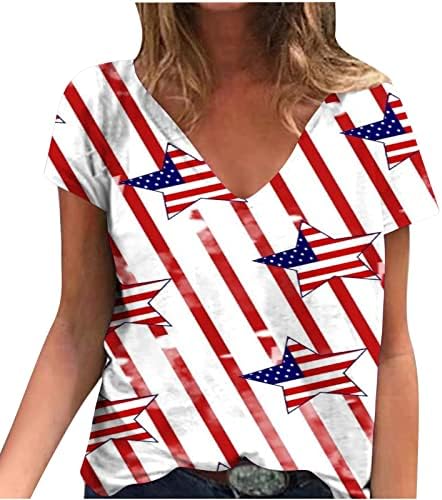 חולצות גרפיות של דגל אמריקאי AUSYST לנשים כוכבי 4 ביולי מככבים פסים מודפסים חולצות פטריוטיות נ 'צוואר