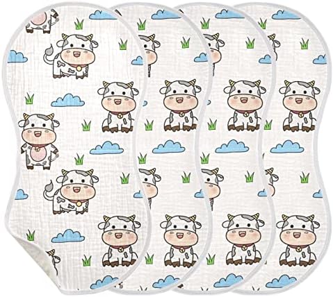Yyzzh פרה חמודה וענן דשא דפוס ענן מוסלין בגידים לתינוק 4 אריזים כותנה כביסה כביסה ביקוף לילדה לילדה