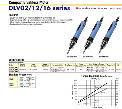 NITTO KOHKI DLV16SL-CKE DELVO מברג חשמלי, מנוע ללא מברשות, התחלת מנוף, 1.33 IN-LB. - 10.6 IN-LB. מומנט,