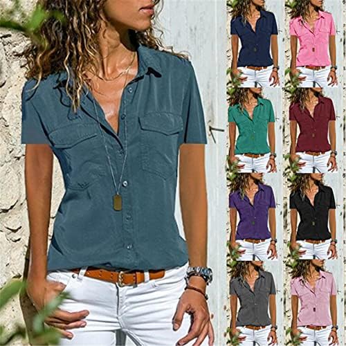 נשים מוצק צבע דש ארוך שרוול חולצות חולצות רגיל בתוספת גודל כיסים הקדמיים להנמיך כפתור