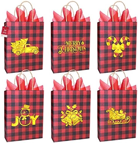 סאקאיו 24 יחידות חג המולד מתנת שקיות, אדום שחור באפלו משובץ חג המולד שקיות עם רקמות נייר, זהב רדיד חג