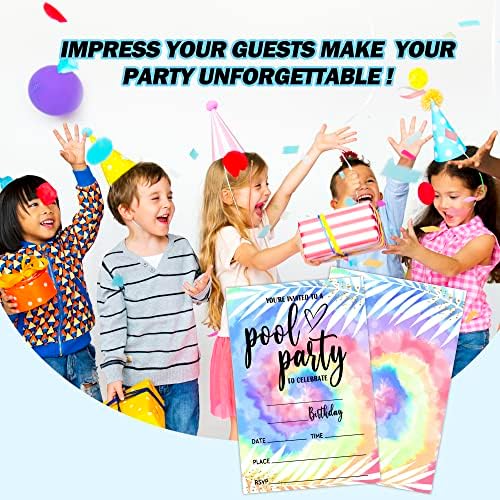 סט היפינו של 20 כרטיסי הזמנה ליום הולדת עם מעטפות לילדים, עניבת צבע הזמנה למסיבת יום הולדת בריכה לבנים