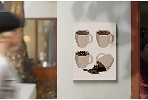 חתול וקפה ממוסגר קנבס תמונה אמנות קיר מטבח, קפה שחור קפה קפה ציורי הדפסה פוסטר 12 x 15, עיצוב קיר מושלם