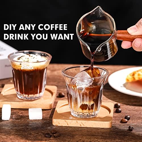 סט ספל קפה זכוכית Bincoo 2x90 מל, ספלי קפה זכוכית צלולים עם חופי עץ, קפה, קפוצ'ינו, לאטה, עמידה בחום