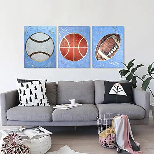 עיצוב חדר בנים אמנות קיר בד ספורט, ציור שמן ממוסגר כדורסל בייסבול כדורגל מצויר ביד, לחדר שינה לילדים