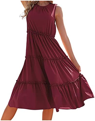 שמלת מקסי מזדמנת של Fehlegd לנשים בצבע אחיד קיץ עגול צוואר עגול שרוולים פרוע שמלה ארוכה רופפת חוף נדנדה