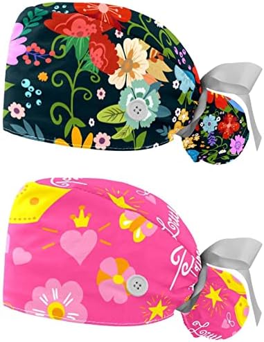 Rodailycay פרחים צבעוניים כובע עבודה עם כפתור ורצועת זיעה, 2 חבילות ניתוח ניתוחי הניתן לשימוש חוזר כובעי