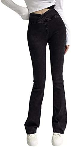 מכנסי ג'ינס תחתונים של פעמון רזה לנשים קרוסאובר מותניים גבוה
