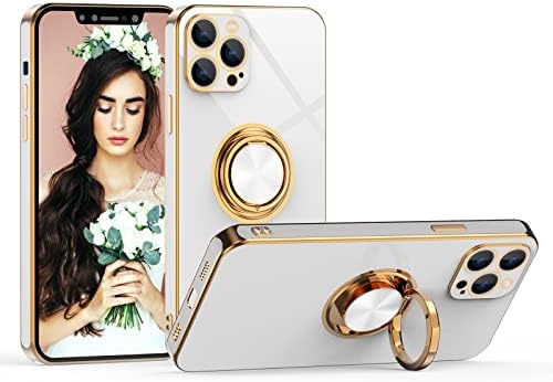 Hosgor iPhone 12 Pro Case מחזיק טבעת זהב ורד, ציפוי יוקרה אחיזת אצבעות קיקסטנד Bling Blossy Glossy Sockent