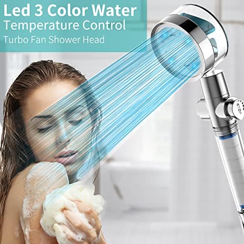 ראש מקלחת LED עם כף יד ו -3 צבעים טמפרטורת מים מבוקרת אור, מאוורר טורבו לחץ גבוה הידרו סילון מנתק ערכת