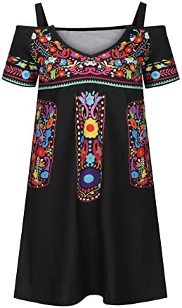שמלות קיץ של נשים בוהו שמלת איכרים מקסיקנית כתף קרה סקסית שרוול קצר V שמלת צוואר שמלה פרחונית מזדמנת