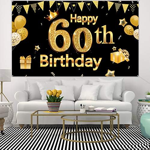 באנר ליום הולדת 60 לגברים נשים, אספקת קישוט למסיבה 60 רקע שלט זהב שחור גדול פוסטר תא צילום רקע תפאורה