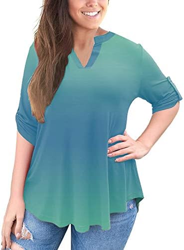 חולצת טיס פרחונית של נשים טופ חולצת קיץ אימון מזדמן בתוספת גודל 3/4 חולצות שרוול גליל חולצות V חולצות