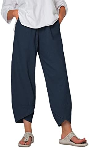 מכנסי פשתן נשים כותנה מכנסיים רופפים מזדמנים מכנסיים מותניים גבוהים עם מכנסי כיס ישר S-3XL