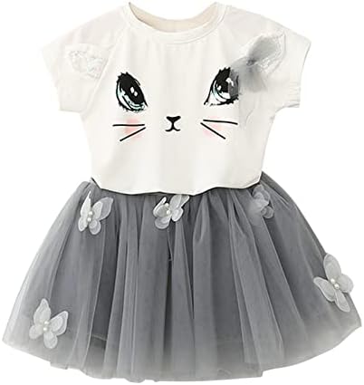 פעוטות ילדים תינוקות תינוקות שמלת טוטו ילדה קטנה חתול חמוד שרוול קצר חולצה חולצה חצאית 2 יחידות שמלות