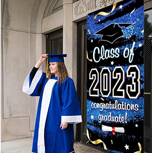 מזל טוב גראד באנר 2023 כחול 70 על 35 אינץ ' באנר סיום לכיתה של 2023 קישוטי סיום 2023 רקע סיום שחור וכחול