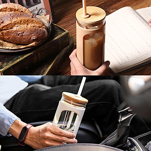 כוס זכוכית Kodrine עם קש ומכסה, כוס קפה זכוכית 20 גרם עם מכסה במבוק, כוס קפה קרס סיליקון שרוול מגן BPA