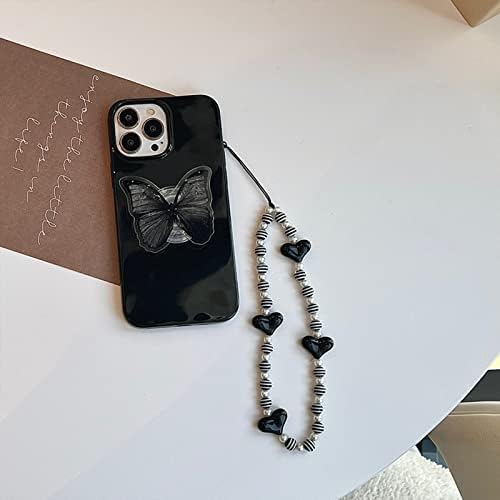 Ywyuhe מבריק פרפר שחור טלפון מארז תואם לאייפון 14, קוריאה חמודה 3D שחור חלום פרפר טלפון עם פרפר אחיזה